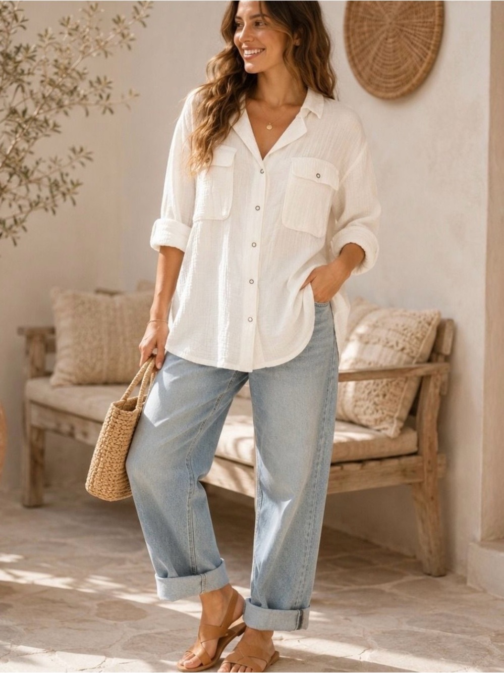 easel Cream Button-Front Pocket Shirt